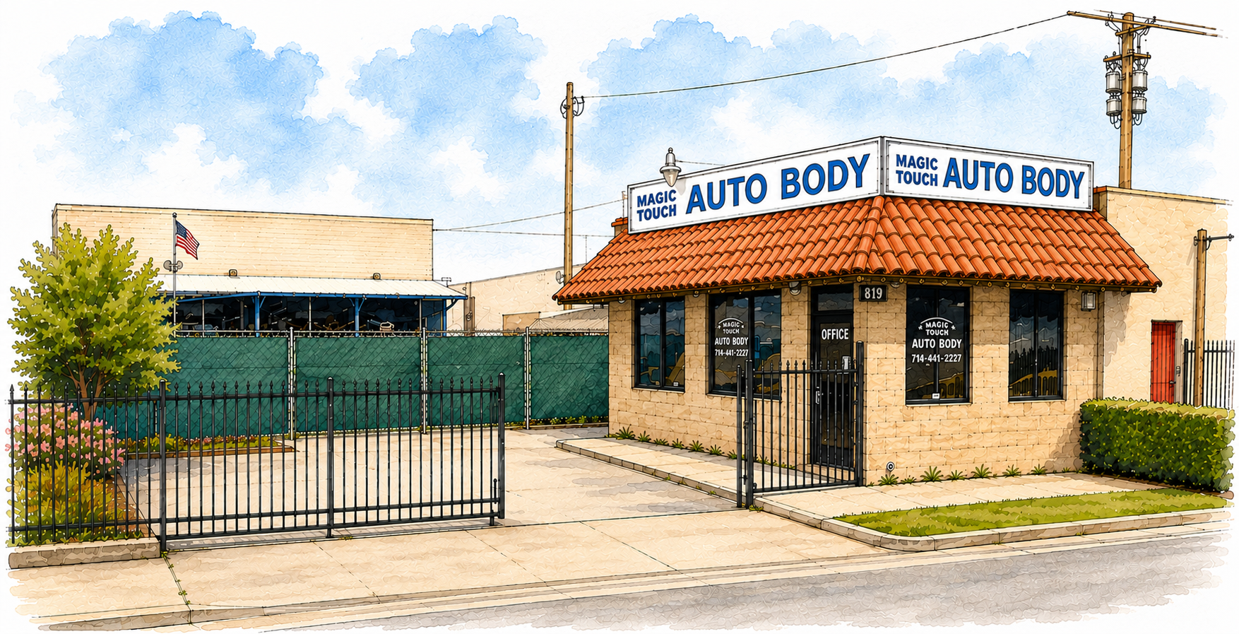Watercolor of Magic Touch Paint & Body — a small stucco building with a terracotta tile roof and a blue and white AUTO BODY sign — on Williamson Avenue in Fullerton, California.